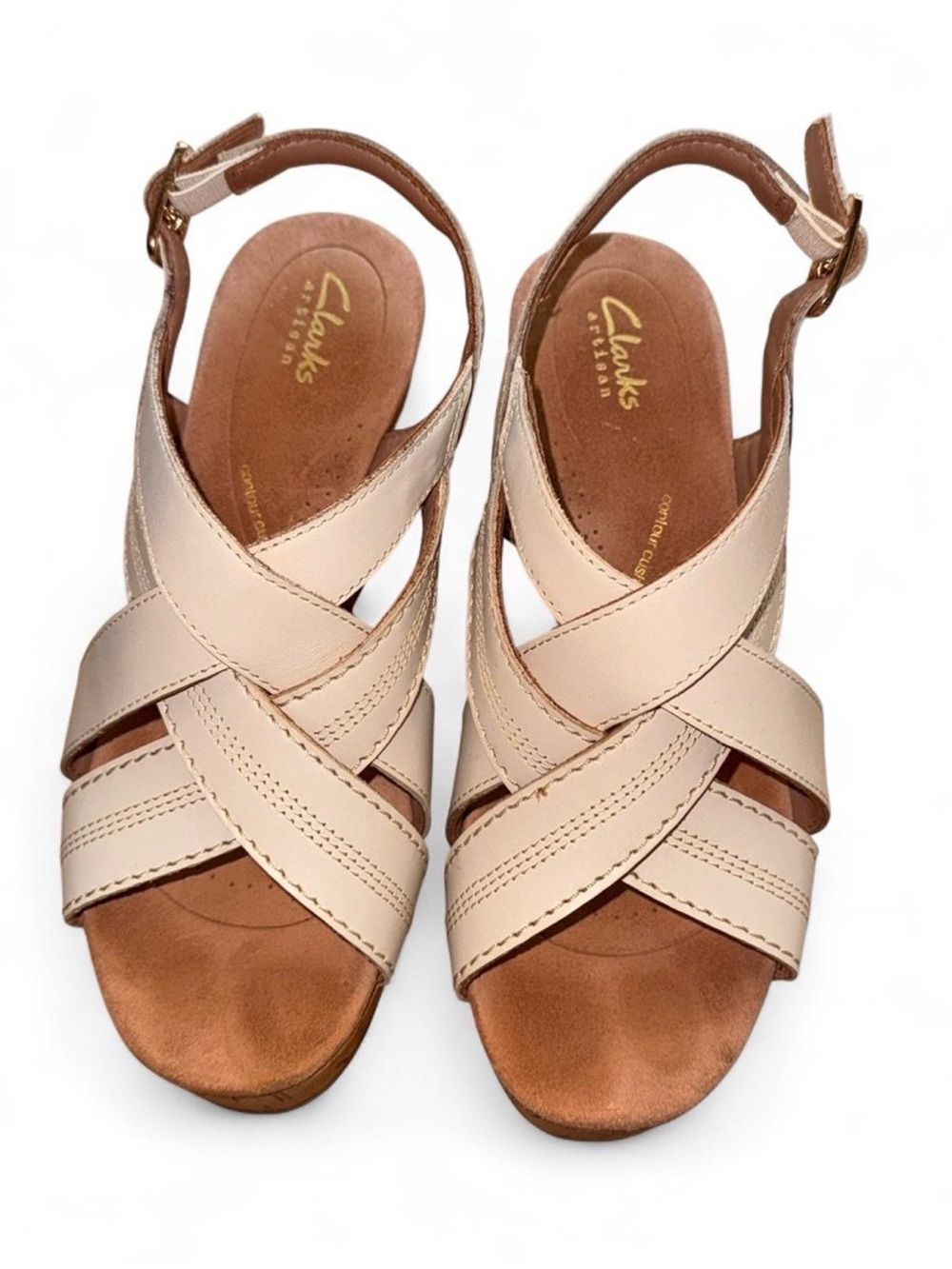 Clarks Artisan Wedge Sandals Women’s 7W Beige Leather Comfort Shoes